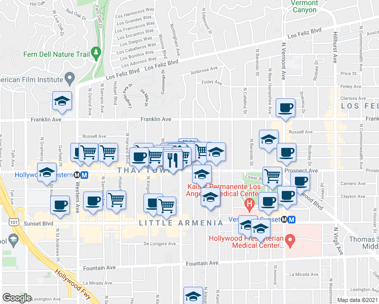 map of restaurants, bars, coffee shops, grocery stores, and more near 1722 1/2 North Normandie Avenue in Los Angeles