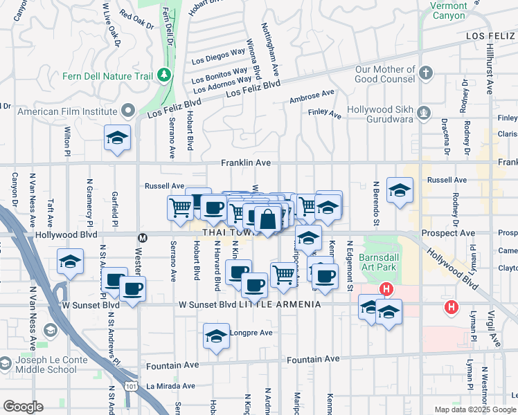 map of restaurants, bars, coffee shops, grocery stores, and more near 1723 Winona Boulevard in Los Angeles