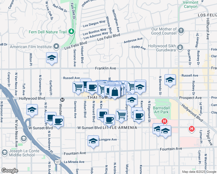 map of restaurants, bars, coffee shops, grocery stores, and more near 1723 Winona Boulevard in Los Angeles