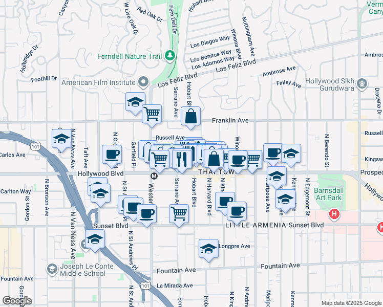 map of restaurants, bars, coffee shops, grocery stores, and more near 5340 Loma Linda Avenue in Los Angeles