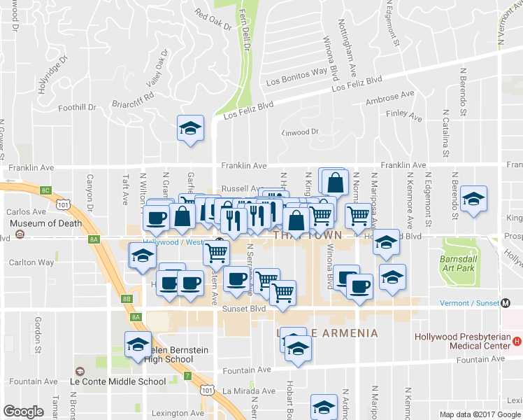 map of restaurants, bars, coffee shops, grocery stores, and more near 5340 Loma Linda Avenue in Los Angeles