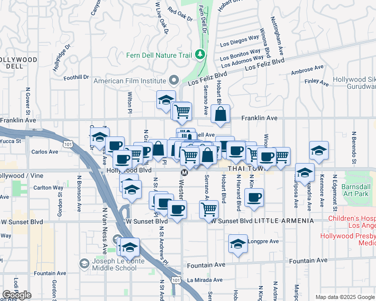 map of restaurants, bars, coffee shops, grocery stores, and more near 5429 Hollywood Boulevard in Los Angeles