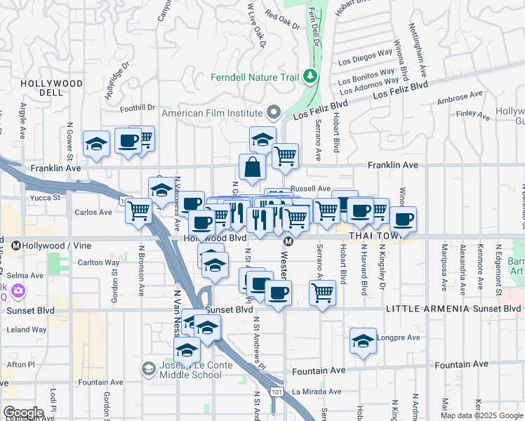 map of restaurants, bars, coffee shops, grocery stores, and more near 1723 Garfield Place in Los Angeles