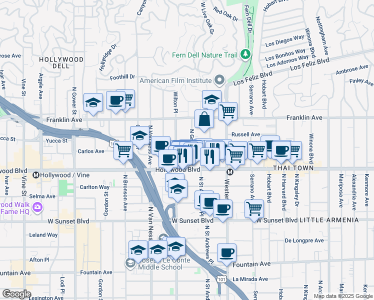 map of restaurants, bars, coffee shops, grocery stores, and more near 5628 West Observation Lane in Los Angeles
