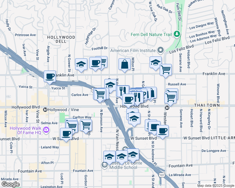 map of restaurants, bars, coffee shops, grocery stores, and more near 1722 North Van Ness Avenue in Los Angeles