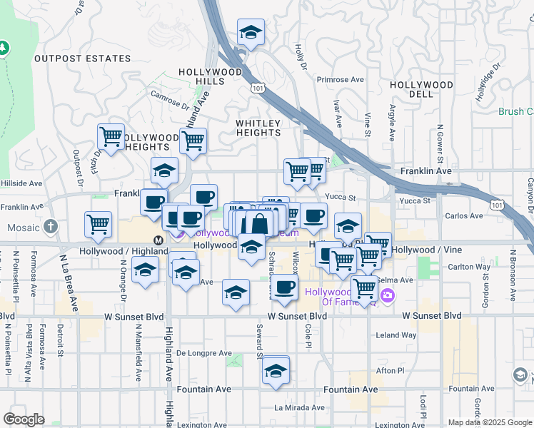 map of restaurants, bars, coffee shops, grocery stores, and more near 1727 Whitley Avenue in Los Angeles
