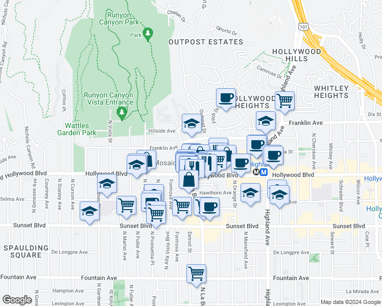 map of restaurants, bars, coffee shops, grocery stores, and more near 1730 North La Brea Avenue in Los Angeles