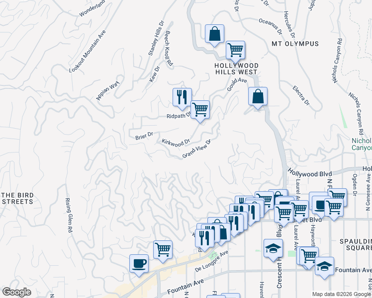 map of restaurants, bars, coffee shops, grocery stores, and more near 8410 Grand View Drive in Los Angeles