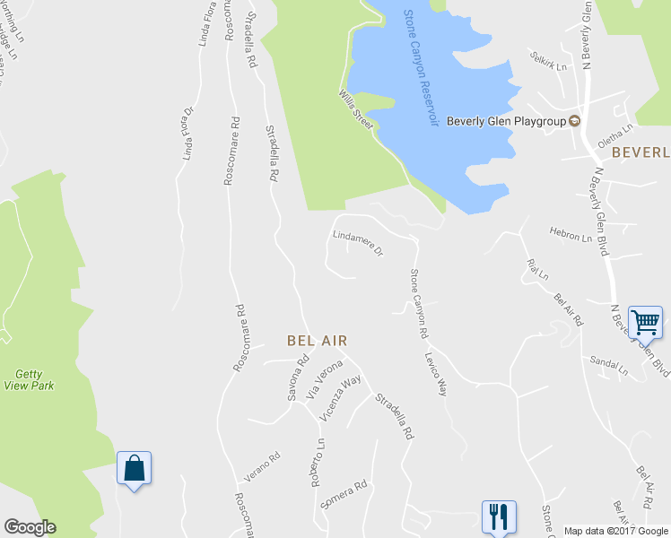 map of restaurants, bars, coffee shops, grocery stores, and more near 1766 Stone Canyon Road in Los Angeles