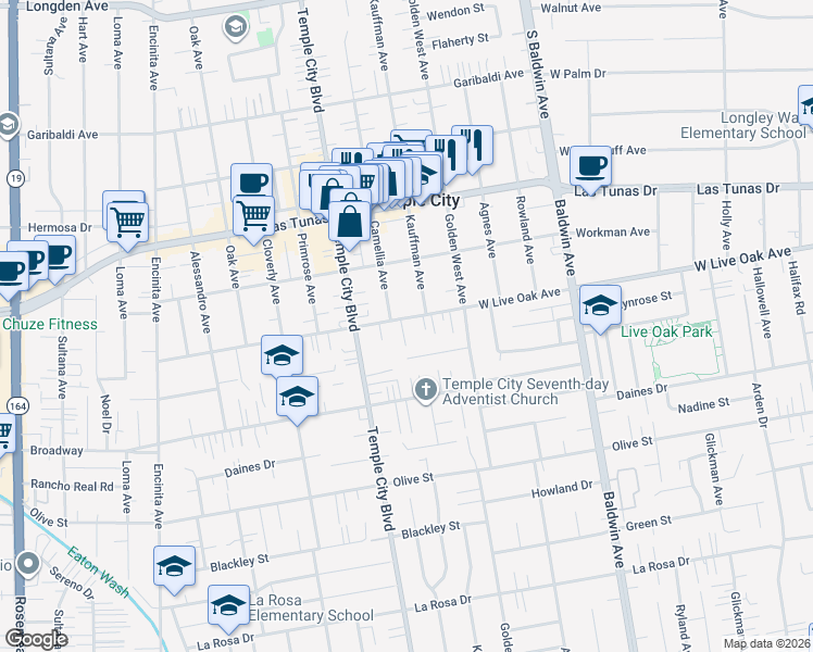 map of restaurants, bars, coffee shops, grocery stores, and more near 9679 Wedgewood Street in Temple City