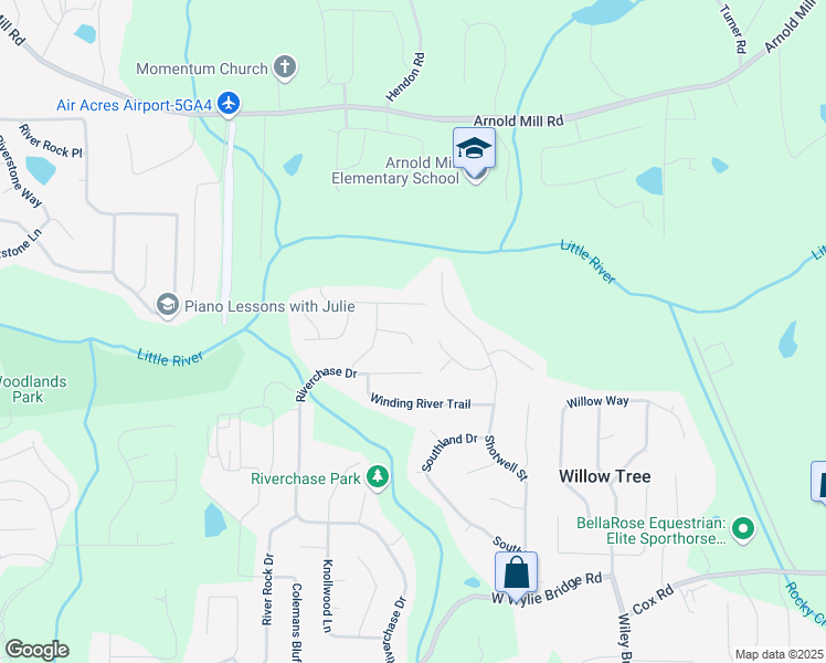 map of restaurants, bars, coffee shops, grocery stores, and more near 1507 Forest Court in Woodstock