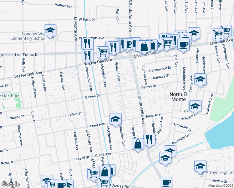 map of restaurants, bars, coffee shops, grocery stores, and more near 5427 Welland Avenue in Temple City