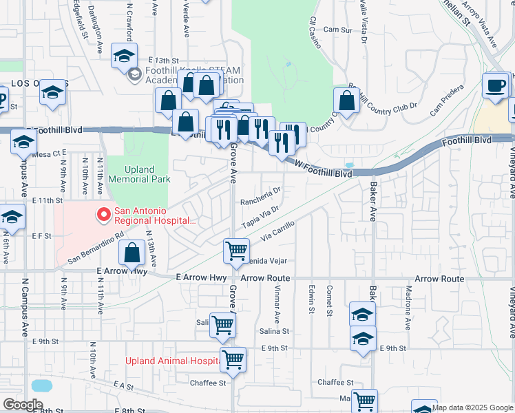 map of restaurants, bars, coffee shops, grocery stores, and more near 8179 Rancheria Drive in Rancho Cucamonga