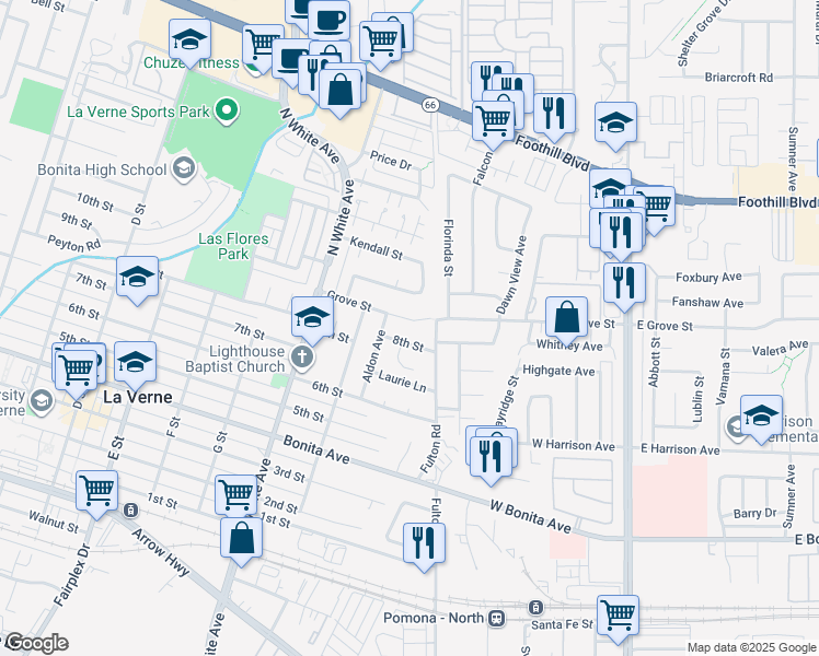 map of restaurants, bars, coffee shops, grocery stores, and more near 2734 Grove Street in La Verne