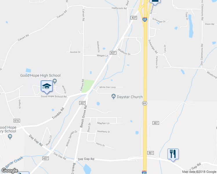 map of restaurants, bars, coffee shops, grocery stores, and more near 210 White Oak Loop in Good Hope