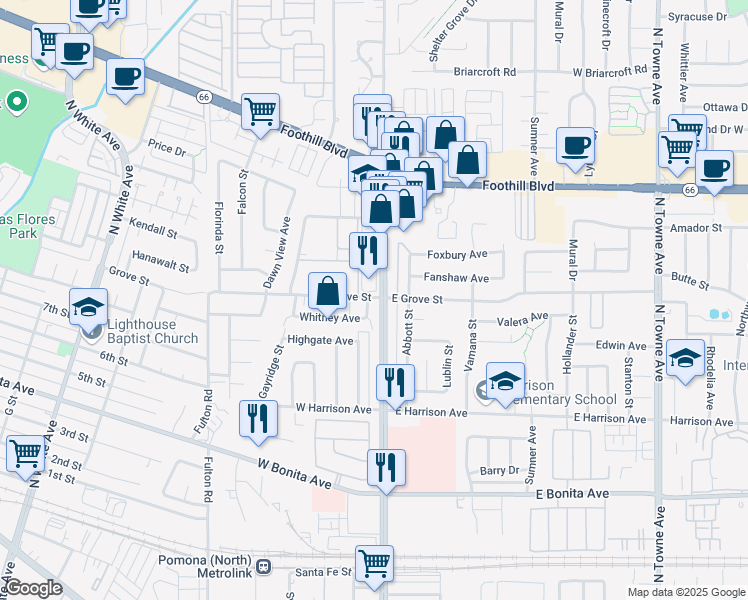 map of restaurants, bars, coffee shops, grocery stores, and more near in Pomona
