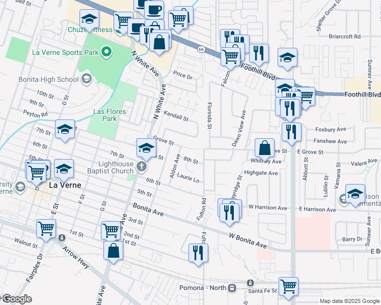 map of restaurants, bars, coffee shops, grocery stores, and more near 2734 Grove Street in La Verne