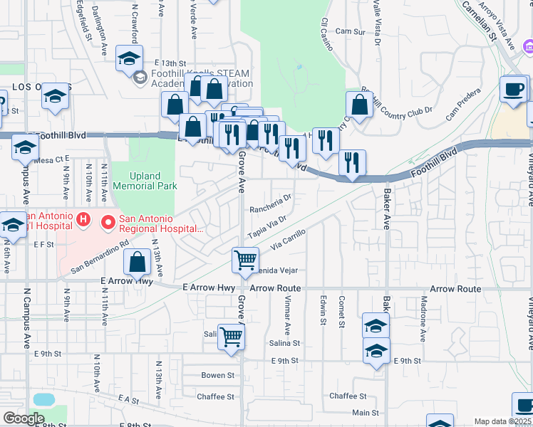 map of restaurants, bars, coffee shops, grocery stores, and more near 8179 Rancheria Drive in Rancho Cucamonga
