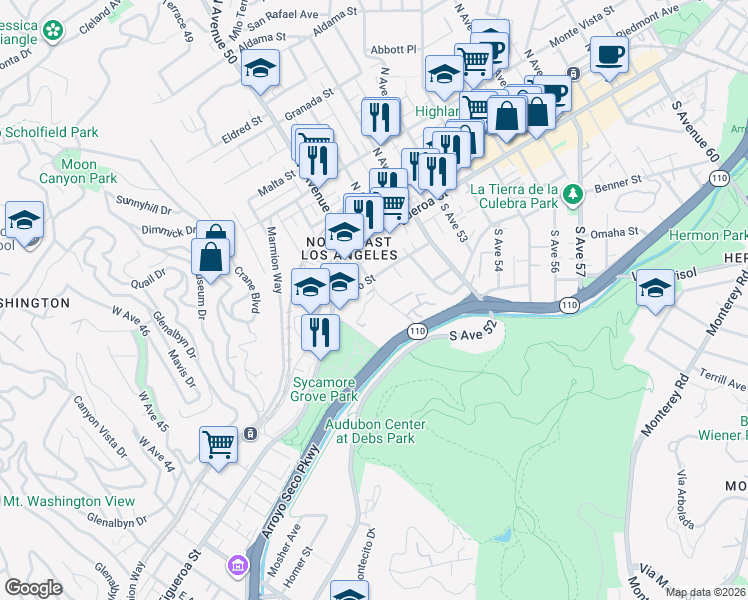 map of restaurants, bars, coffee shops, grocery stores, and more near 214 South Avenue 50 in Los Angeles