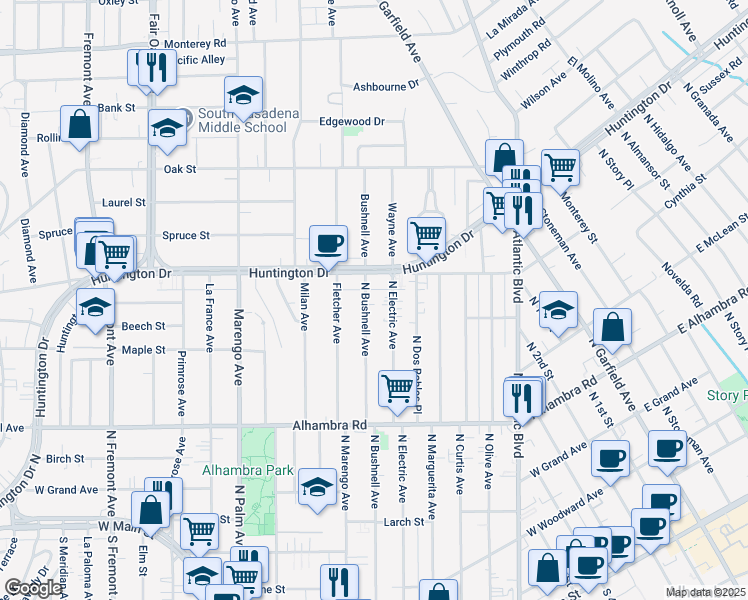 map of restaurants, bars, coffee shops, grocery stores, and more near 907 North Bushnell Avenue in Alhambra