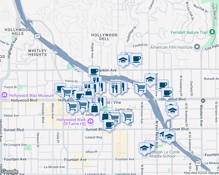 map of restaurants, bars, coffee shops, grocery stores, and more near 1759 North Gower Street in Los Angeles