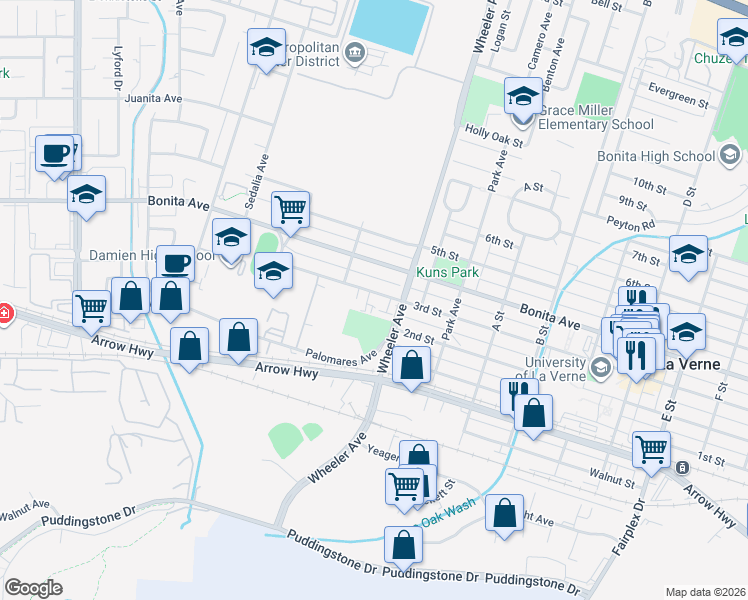 map of restaurants, bars, coffee shops, grocery stores, and more near 1464 3rd Street in La Verne