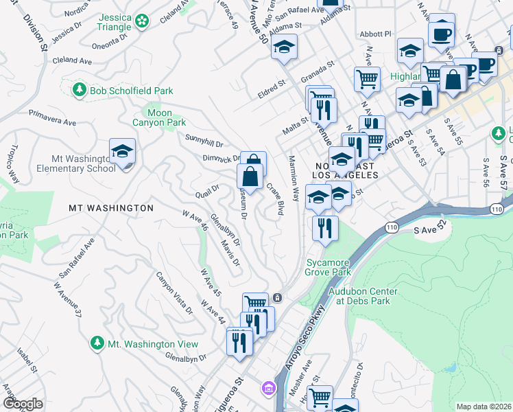 map of restaurants, bars, coffee shops, grocery stores, and more near Crane Boulevard in Los Angeles