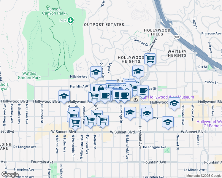 map of restaurants, bars, coffee shops, grocery stores, and more near 1764 North Sycamore Avenue in Los Angeles