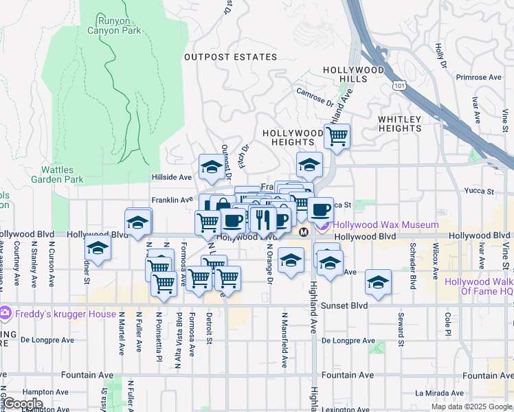 map of restaurants, bars, coffee shops, grocery stores, and more near 1745 North Orange Drive in Los Angeles