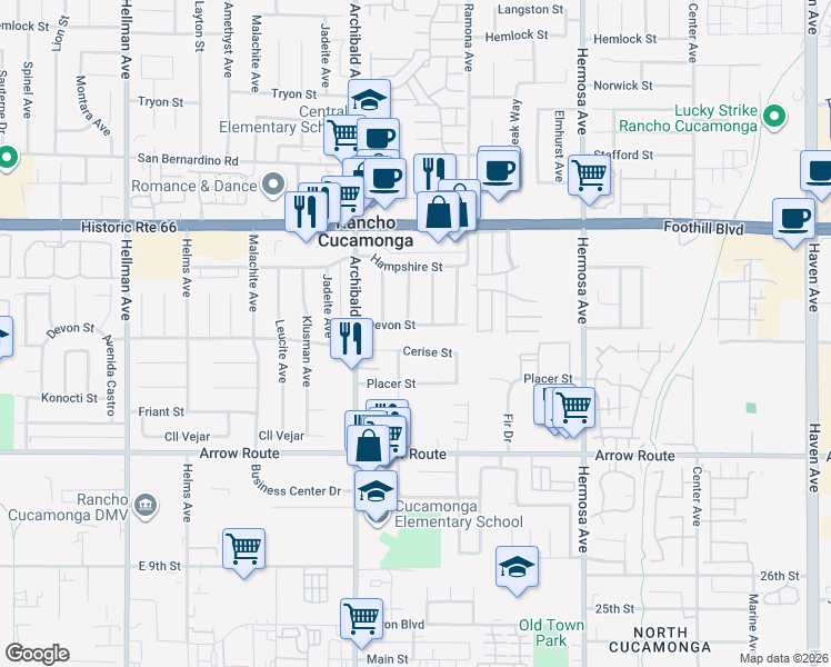 map of restaurants, bars, coffee shops, grocery stores, and more near 9803 Cerise Street in Rancho Cucamonga