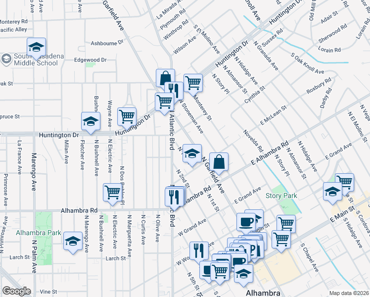 map of restaurants, bars, coffee shops, grocery stores, and more near 833 North 1st Street in Alhambra