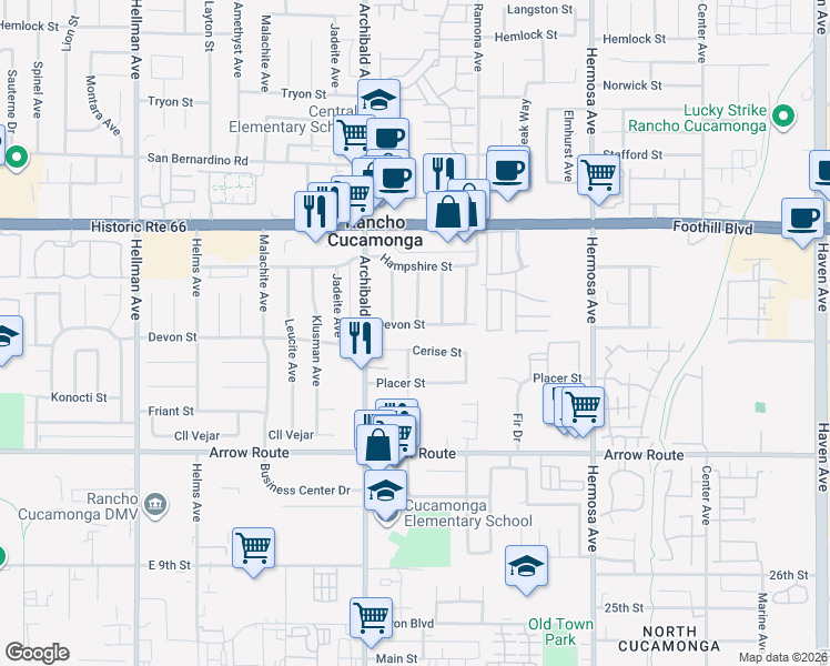 map of restaurants, bars, coffee shops, grocery stores, and more near 9803 Cerise Street in Rancho Cucamonga