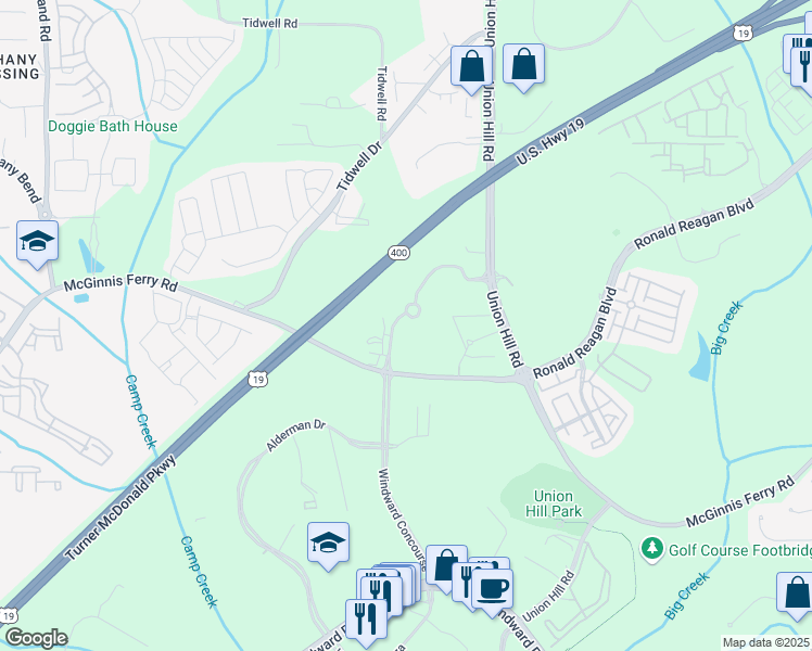 map of restaurants, bars, coffee shops, grocery stores, and more near 1720 Windward Concourse in Alpharetta