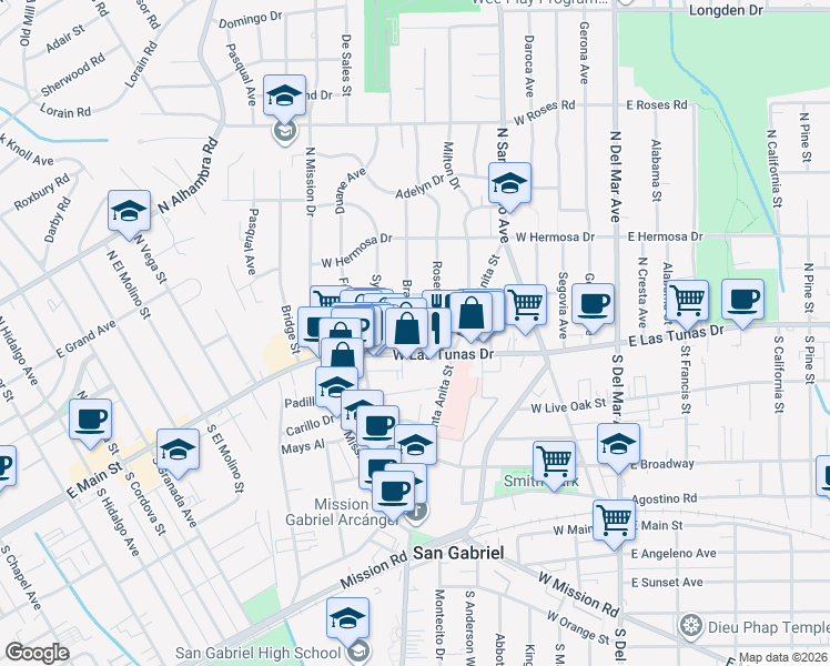 map of restaurants, bars, coffee shops, grocery stores, and more near 519 West Las Tunas Drive in San Gabriel