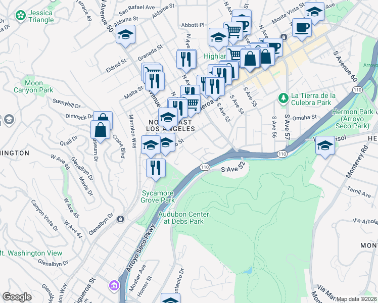map of restaurants, bars, coffee shops, grocery stores, and more near 260 South Avenue 50 in Los Angeles