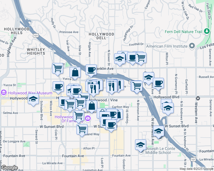 map of restaurants, bars, coffee shops, grocery stores, and more near 1759 North Gower Street in Los Angeles