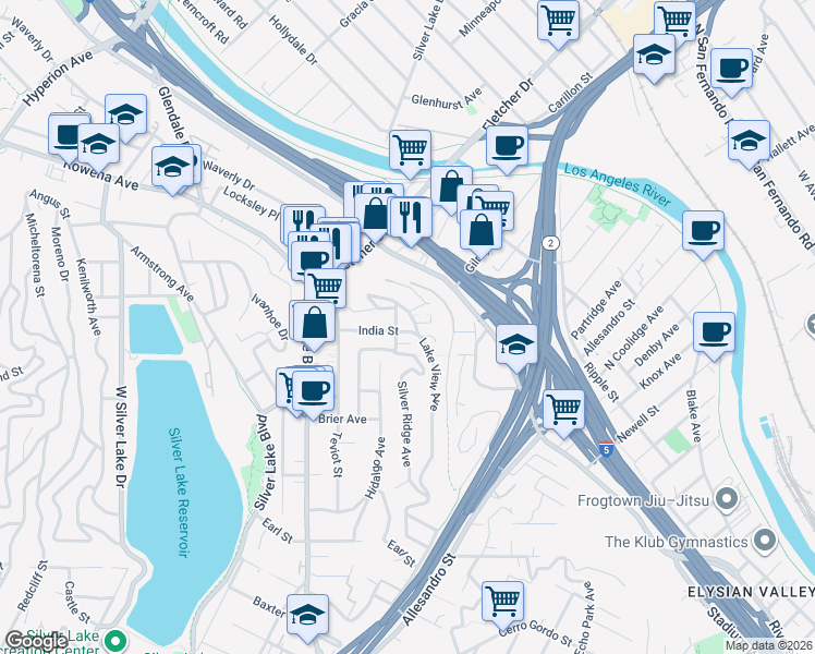 map of restaurants, bars, coffee shops, grocery stores, and more near 2217 India Street in Los Angeles