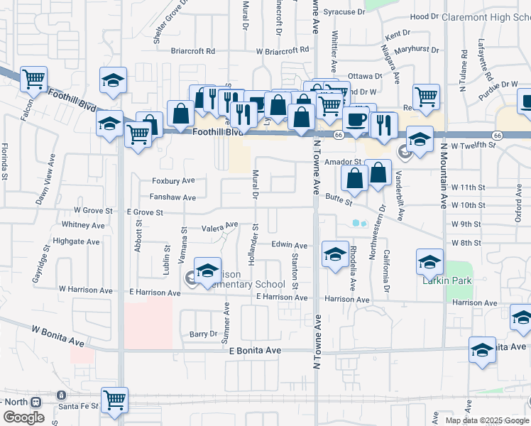 map of restaurants, bars, coffee shops, grocery stores, and more near 3069 Acebo Drive in Pomona