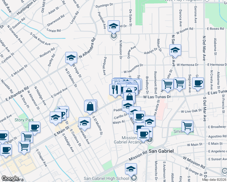 map of restaurants, bars, coffee shops, grocery stores, and more near 2 South San Gabriel Boulevard in Pasadena
