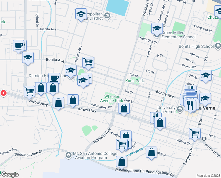 map of restaurants, bars, coffee shops, grocery stores, and more near 1446 3rd Street in La Verne