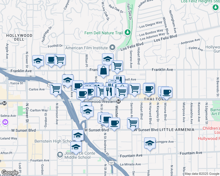 map of restaurants, bars, coffee shops, grocery stores, and more near 1746 Garfield Place in Los Angeles