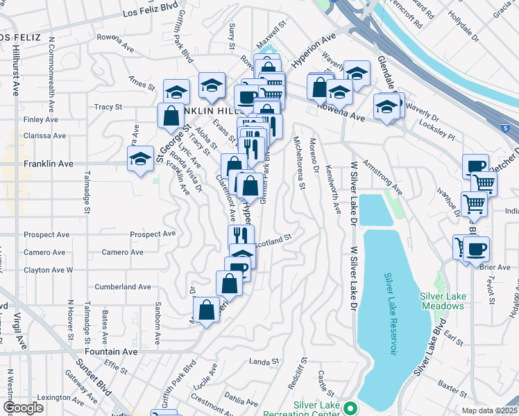 map of restaurants, bars, coffee shops, grocery stores, and more near 2340 Griffith Park Boulevard in Los Angeles