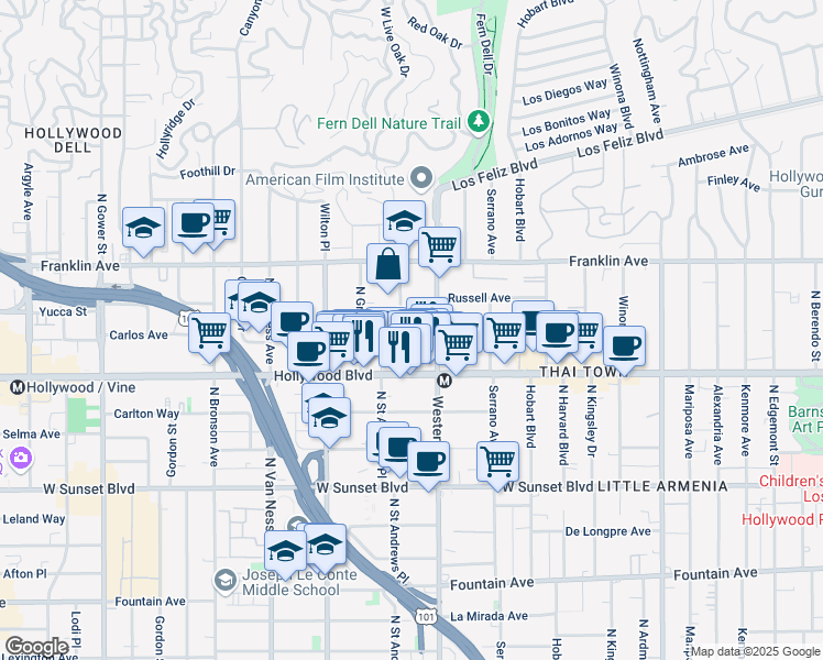 map of restaurants, bars, coffee shops, grocery stores, and more near 1746 Garfield Place in Los Angeles