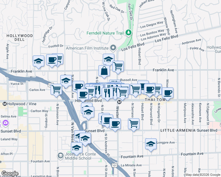 map of restaurants, bars, coffee shops, grocery stores, and more near 1723 Garfield Place in Los Angeles