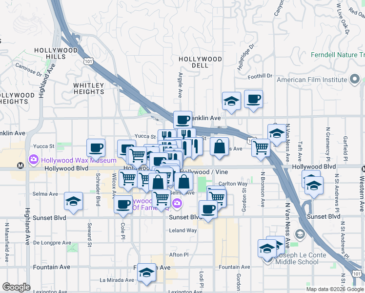 map of restaurants, bars, coffee shops, grocery stores, and more near 1750 Argyle Avenue in Los Angeles