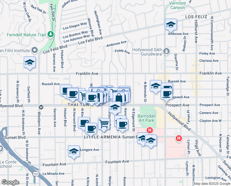 map of restaurants, bars, coffee shops, grocery stores, and more near 1749 1/2 Alexandria Avenue in Los Angeles
