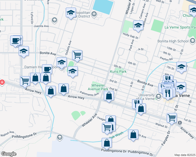 map of restaurants, bars, coffee shops, grocery stores, and more near 1452 3rd Street in La Verne