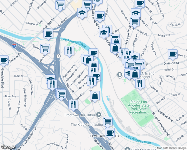 map of restaurants, bars, coffee shops, grocery stores, and more near 2029 Blake Avenue in Los Angeles