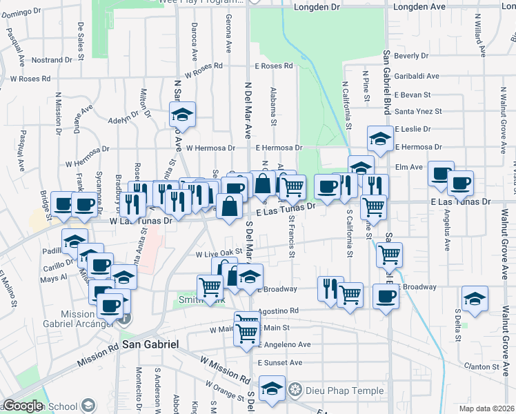 map of restaurants, bars, coffee shops, grocery stores, and more near 111 East Las Tunas Drive in San Gabriel