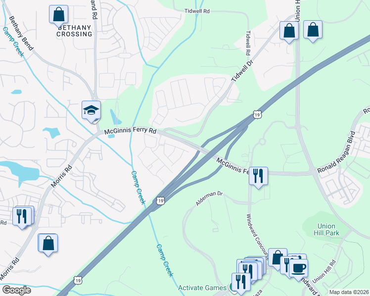 map of restaurants, bars, coffee shops, grocery stores, and more near 3880 Fairhill Point in Alpharetta